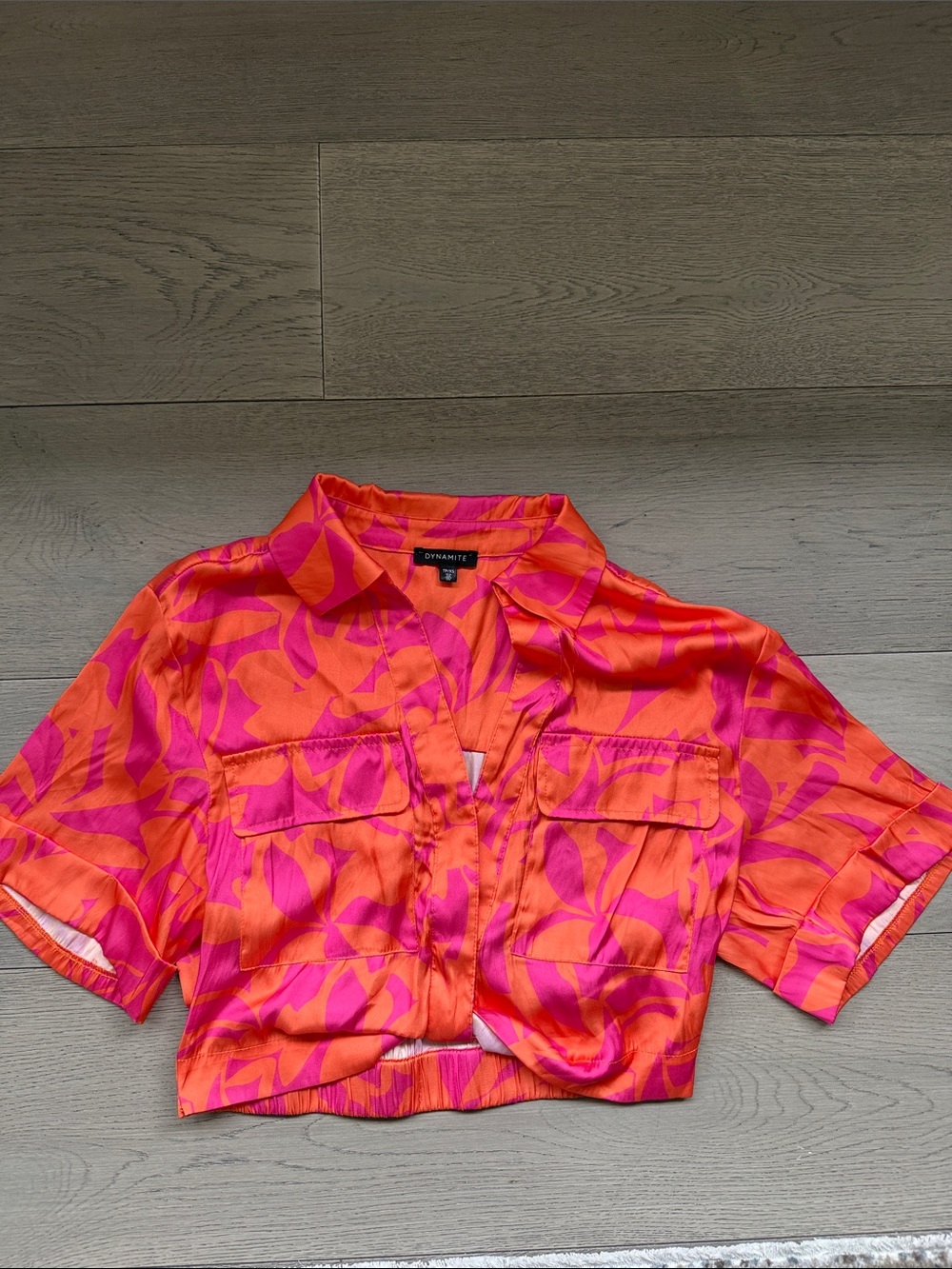 Dynamite Pink and Orange Leaf-Print Cropped Button Shirt